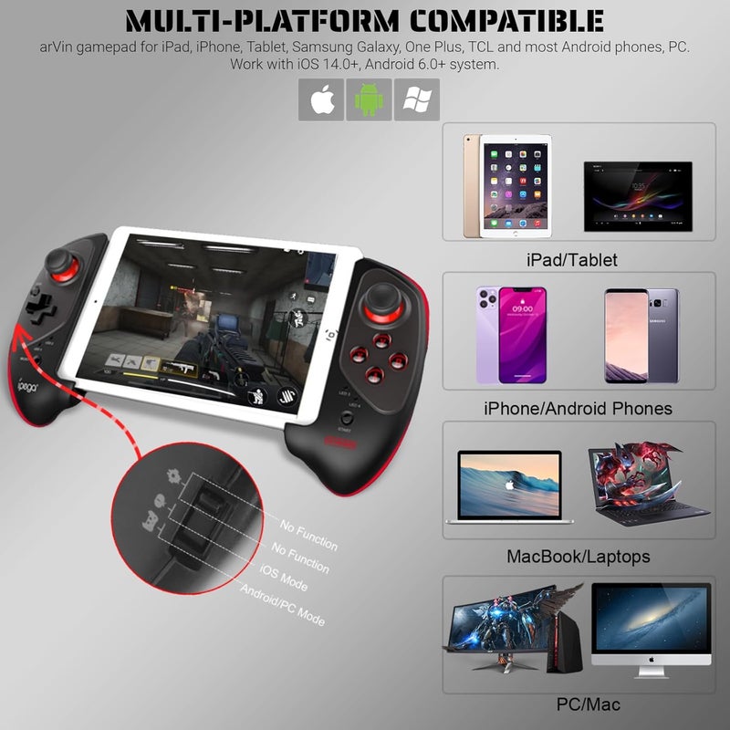 arVin Gaming Controller for iPad/iPad Mini/iPad Air, iPhone 15/14/13/12, iOS, Tablet Android Gamepad for Samsung Galaxy Tab, HUAWEI MatePad, Yoga Tab[within 5-11 inch] PC Game Joystick for COD, Steam - Image 2